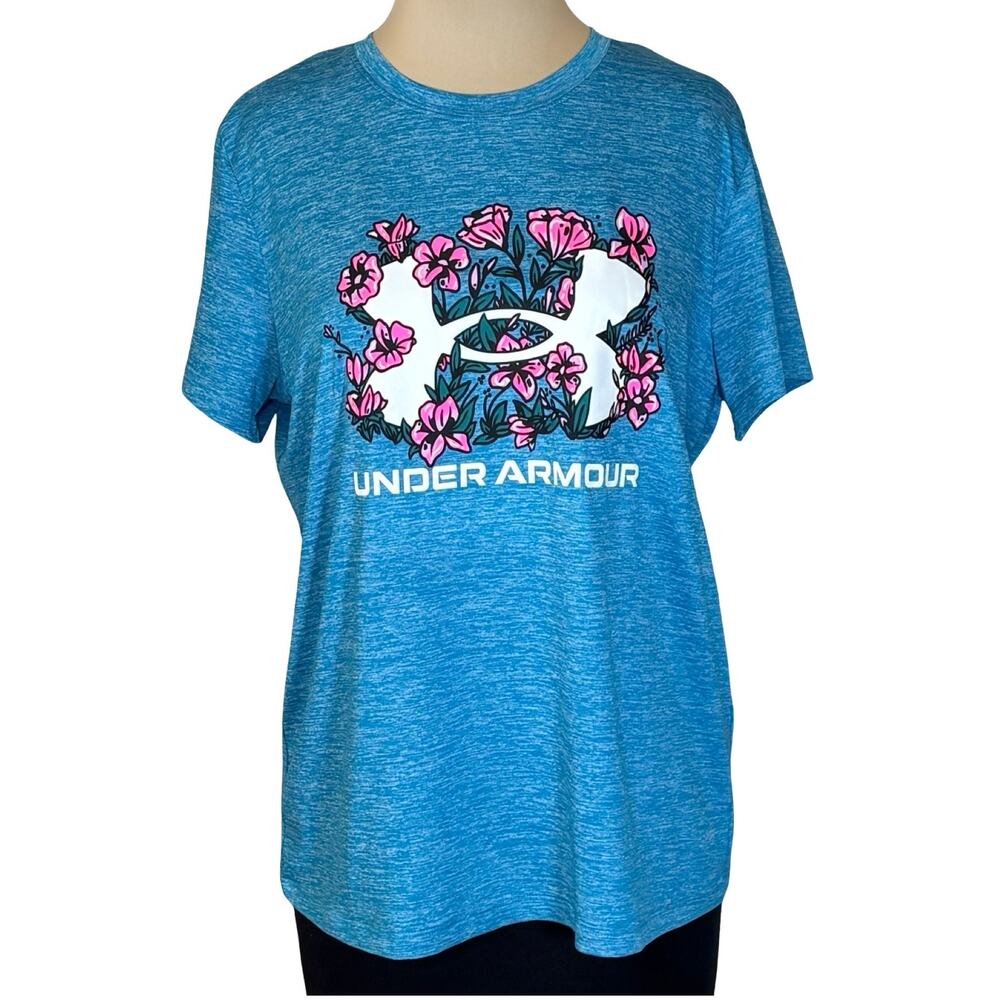 Under Armour Athletic Tee Size Large Blue Pink Floral Loose Fit UA Tech